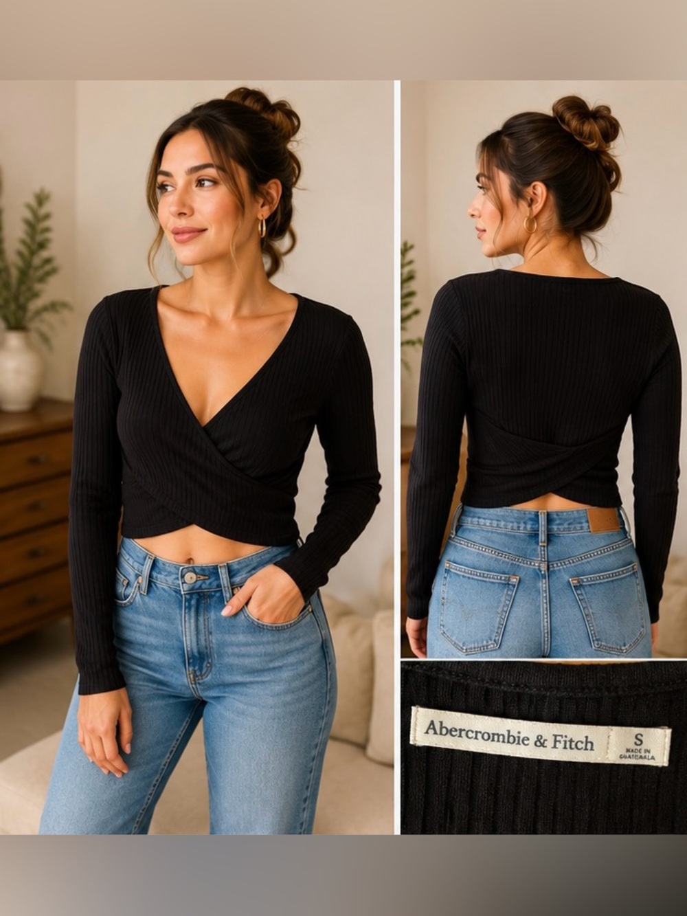 Abercrombie & Fitch Black Ribbed Wrap Crop Top Women's Small